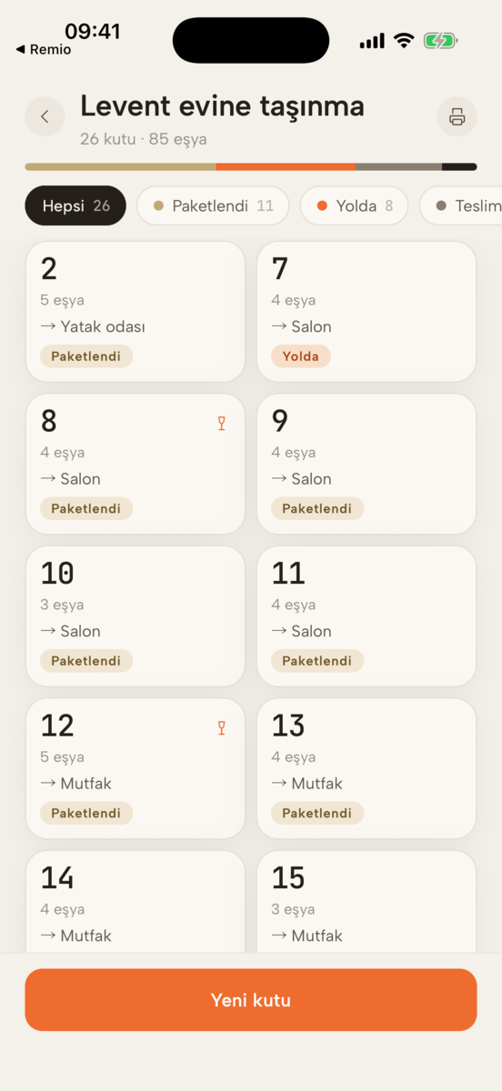 Taşınma sırasında kutu listesi: 26 kutu, ilerleme çubuğu ve paketlendi, yolda, teslim, açıldı filtreleri