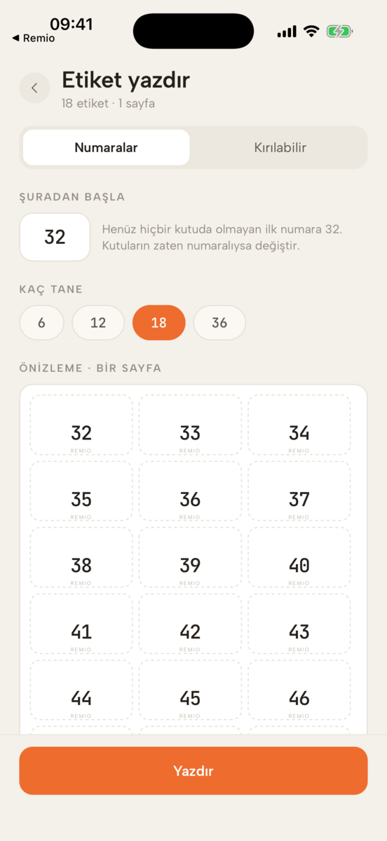 Kaç etiket yazdırılacağını seçmek ve tek A4 sayfalık numara önizlemesi