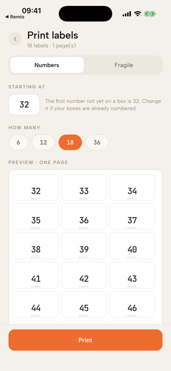 Choosing how many labels to print and previewing one A4 page of numbers
