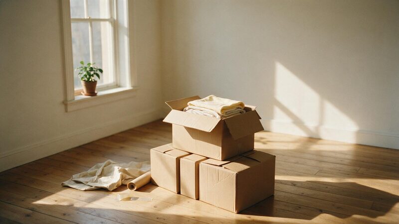 Stacked cardboard moving boxes in a bright empty room