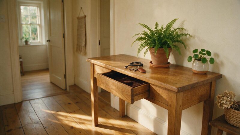 A sunlit hallway console table with an open drawer holding keys
