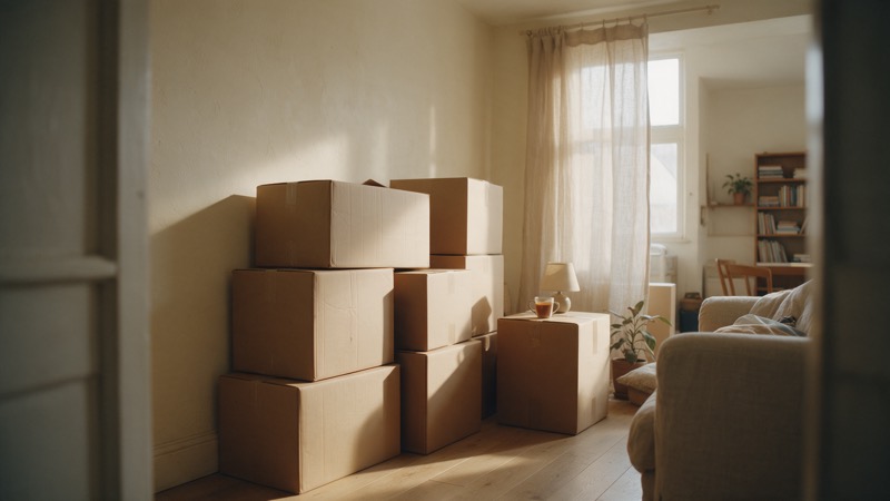 Aydınlık bir kiralık evde üst üste dizilmiş kapalı taşınma kutuları