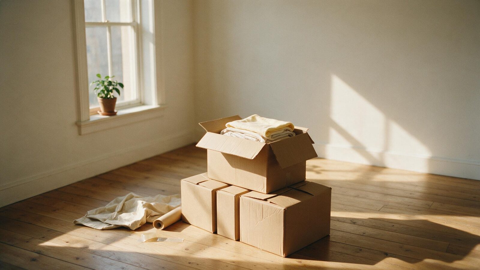 Stacked cardboard moving boxes in a bright empty room