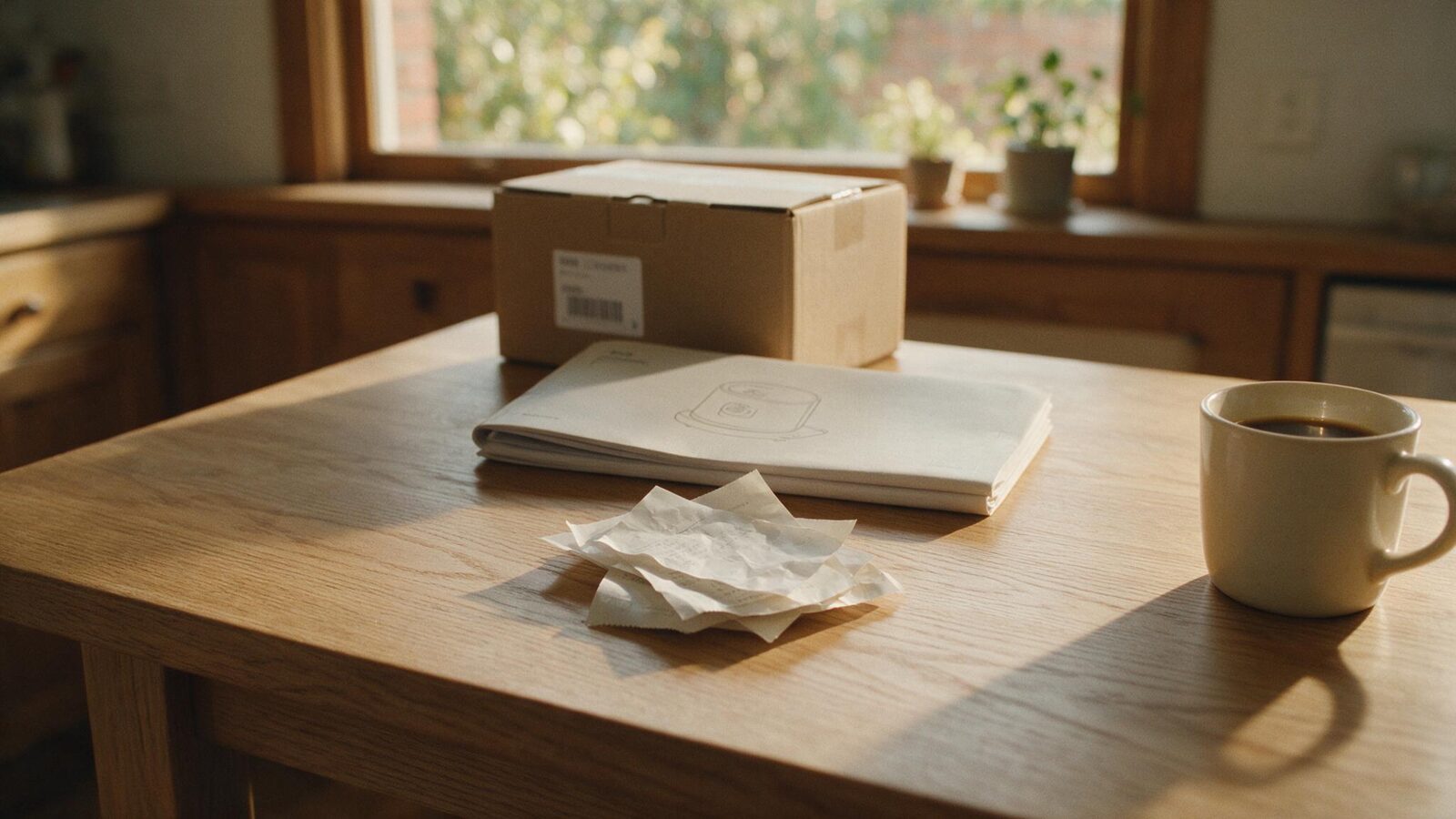 Receipts, a manual and a product box on a wooden table