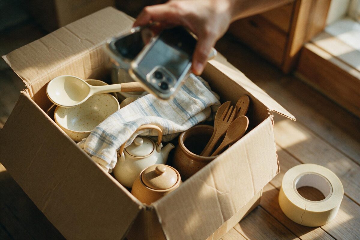 A phone photographing the open top of a packed box